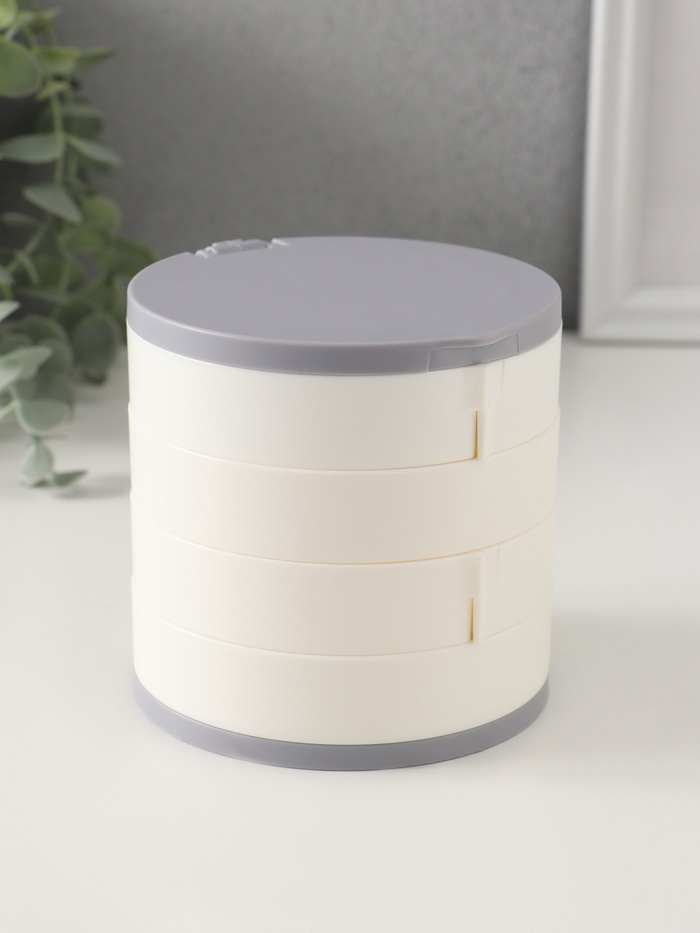 Шкатулка - органайзер для хранения украшений «Круглая. 4 уровня», пластик, зеркало, белая, 10×10×10 см