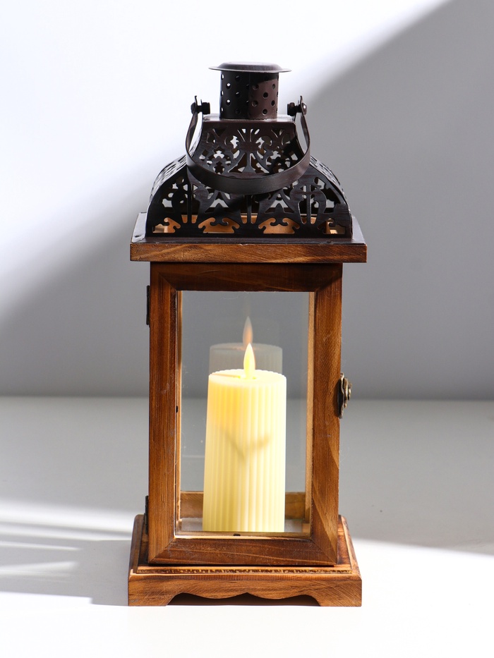 Деревянный подсвечник-фонарь на 1 свечу «Срезной крышей», т. коричневый, 33×14.5×14.5 см