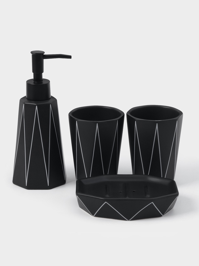 Аксессуары для ванной «Локо», 4 предмета, дозатор для мыла 280 мл, мыльница, 2 стакана 250 мл, чёрные