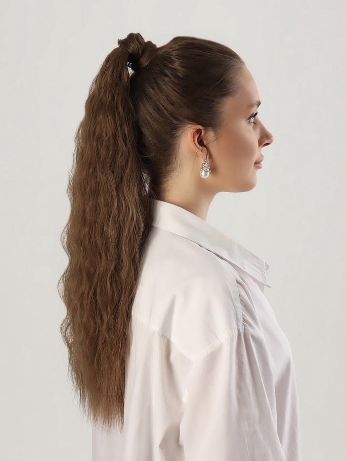 Хвост накладной, волнистый волос, на резинке, 60 см, 100 г, русый(#SHT8A)