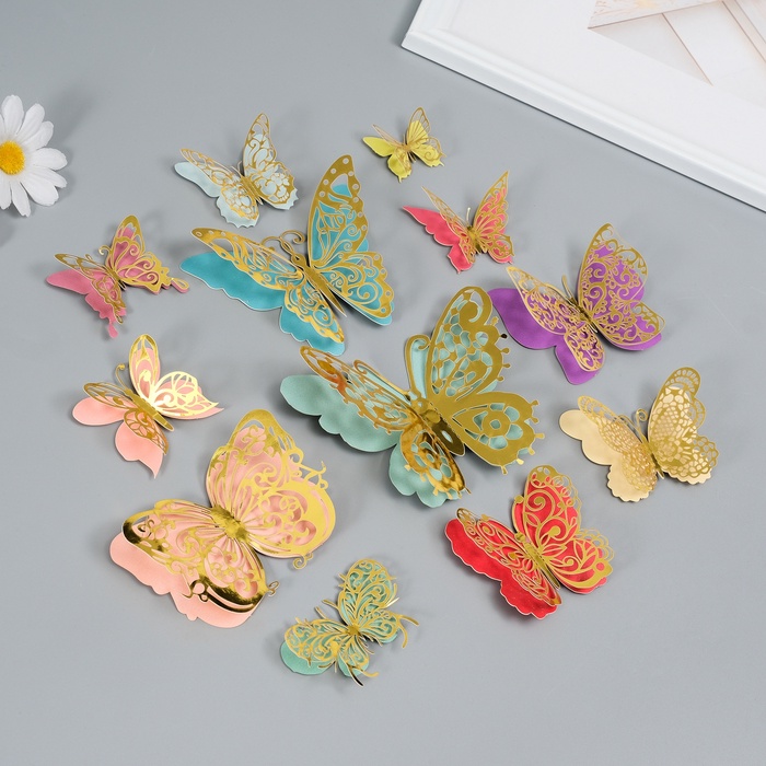 Набор магнитов на холодильник «Бабочки нежные расцветки», 12 шт., картон, двойные крылья, h=4-10 см