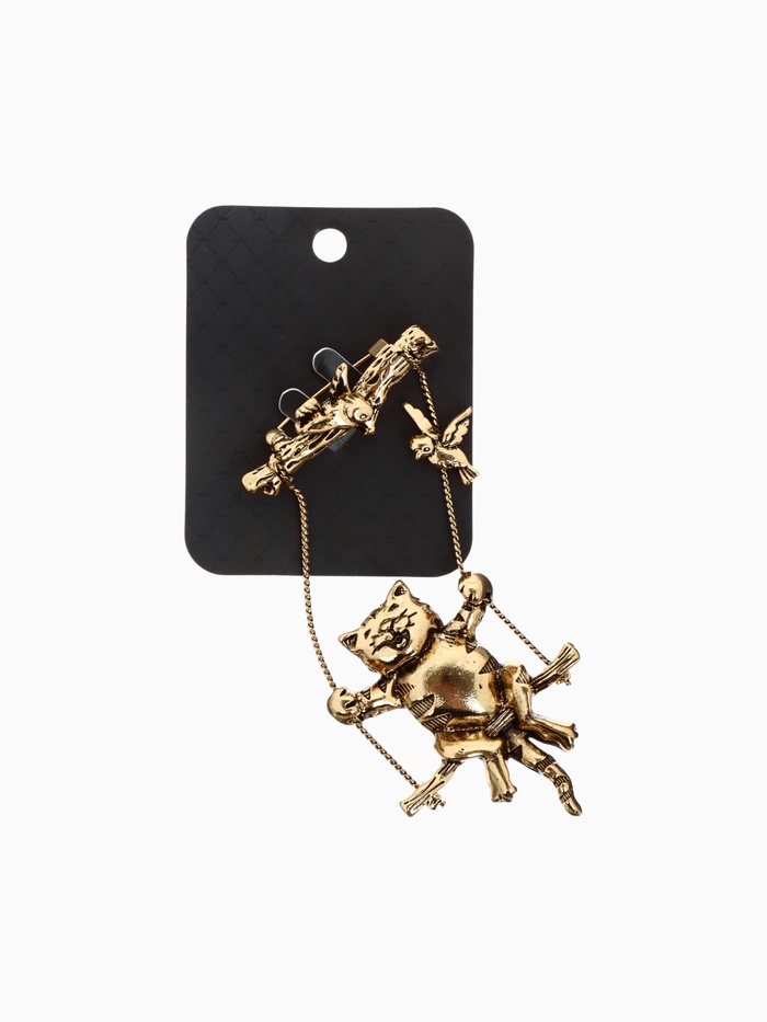 Брошь «Кот на качелях», цвет чернёное золото