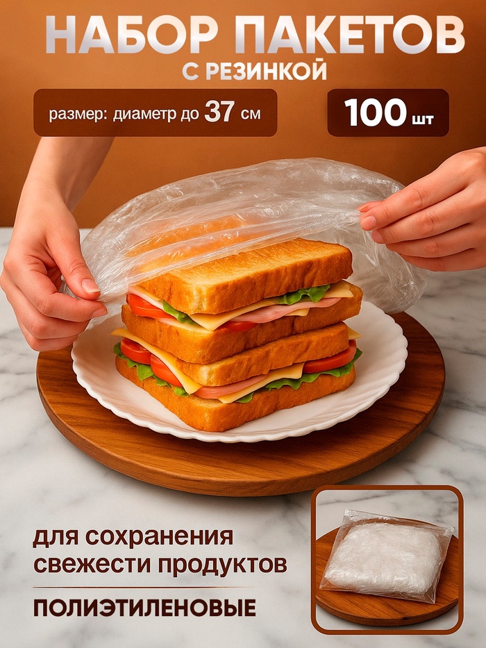 Набор пакетов для сохранения свежести продуктов с резинкой, Ø до 37 см, 100 шт.
