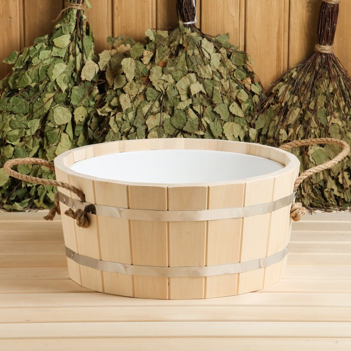 Шайка - таз для бани и сауны, 15 л, липа, пластиковая вставка, ручки - верёвки, «Добропаровъ»