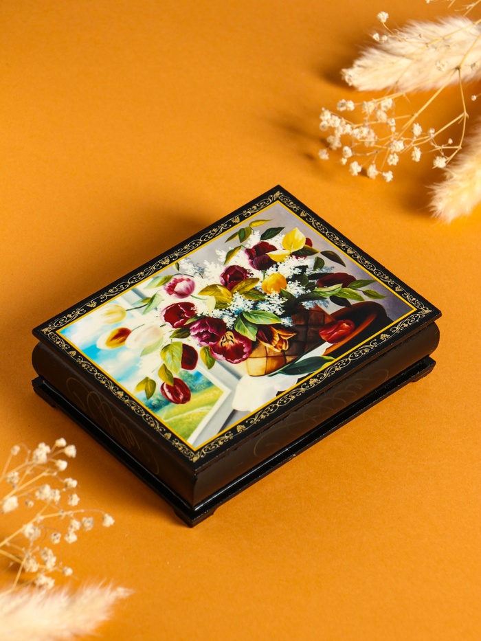 Шкатулка для украшений «Цветы в корзине», 10×14 см, лаковая миниатюра