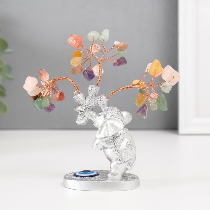 Бонсай декоративный «Денежное дерево: Серебристый слон с денежным деревом», цветные 36 камней, 6.2×4.5×13.5 см