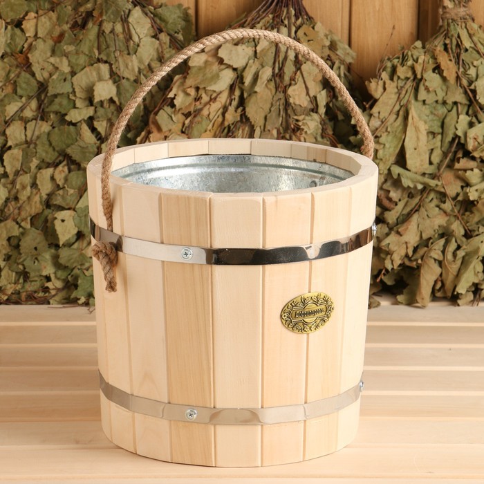 Ведро для бани и сауны, 7 л, липа, оцинкованная вставка, ручка - верёвка, «Добропаровъ»
