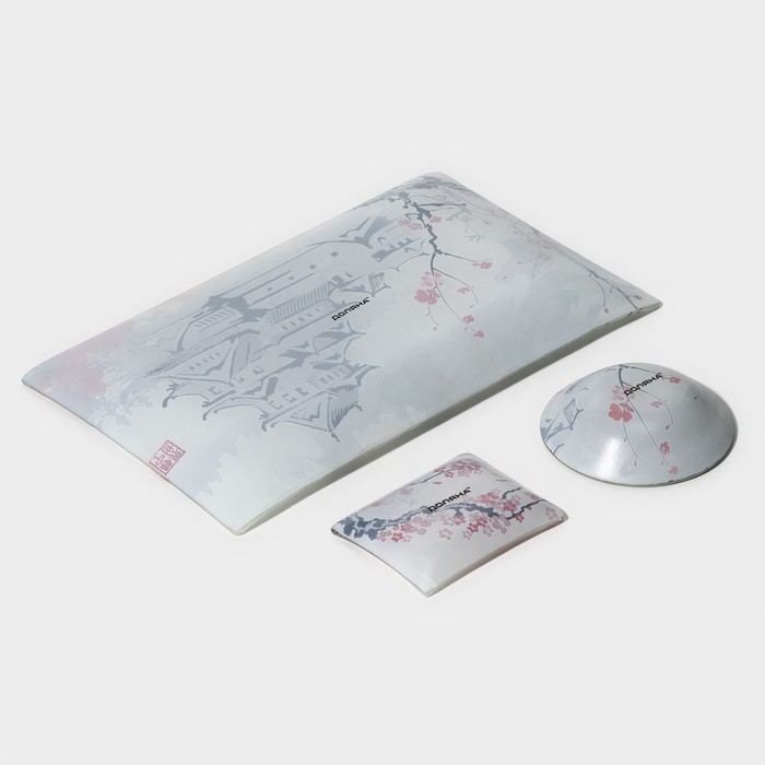 Набор для суши Доляна «Пагода», 3 предмета: соусники 8×2 см, 8×6 см, подставка 25×15×2 см, стекло