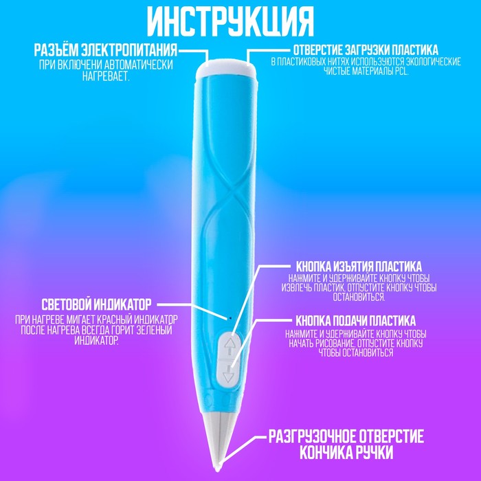 3D ручка с блоком питания, PCL пластик, светится в темноте, голубая