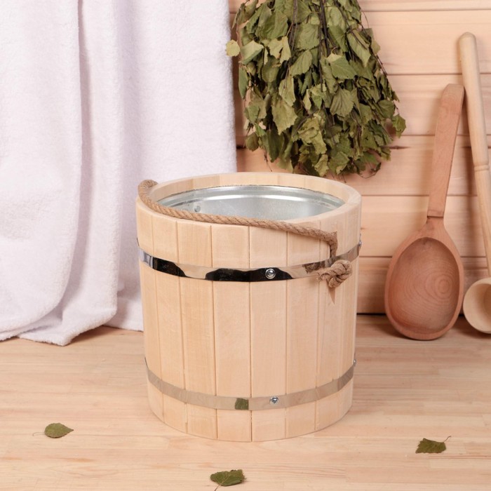 Ведро для бани и сауны, 7 л, липа, оцинкованная вставка, ручка - верёвка, «Добропаровъ»