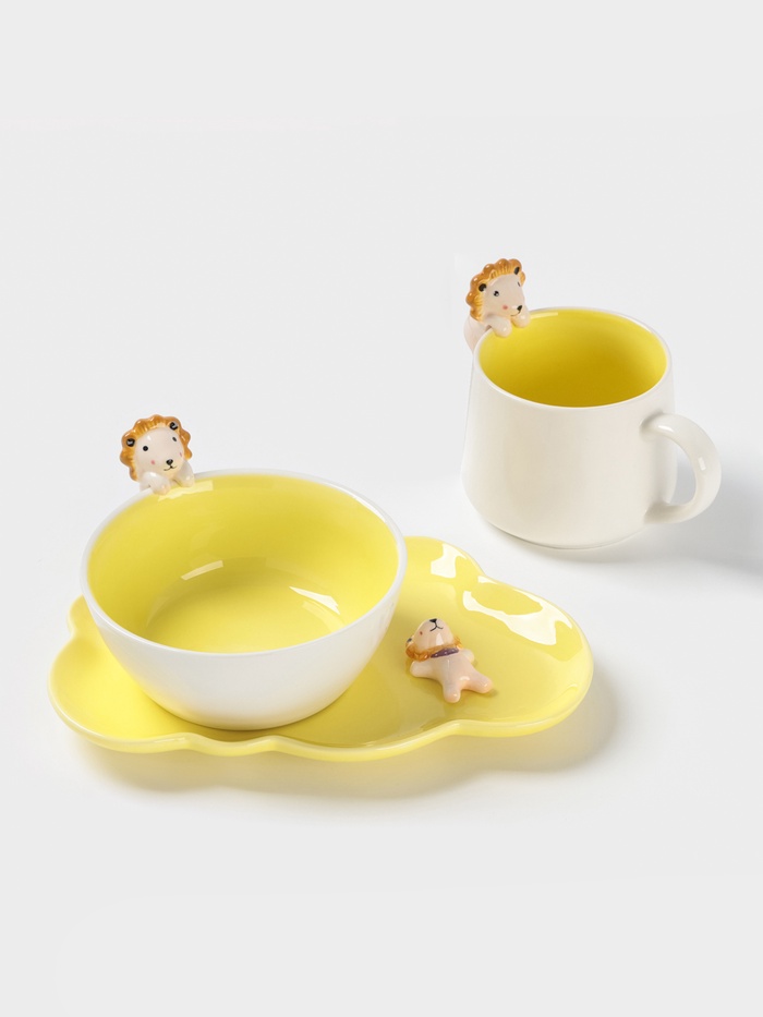 Набор детской посуды Доляна «Милый лев», 3 предмета: кружка 350 мл, супница 450 мл, тарелка, керамика, жёлтый