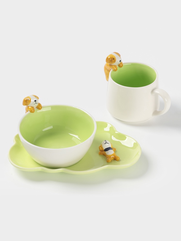 Набор детской посуды Доляна «Верный друг», 3 предмета: кружка 350 мл, супница 450 мл, тарелка, керамика, зелёный, белый
