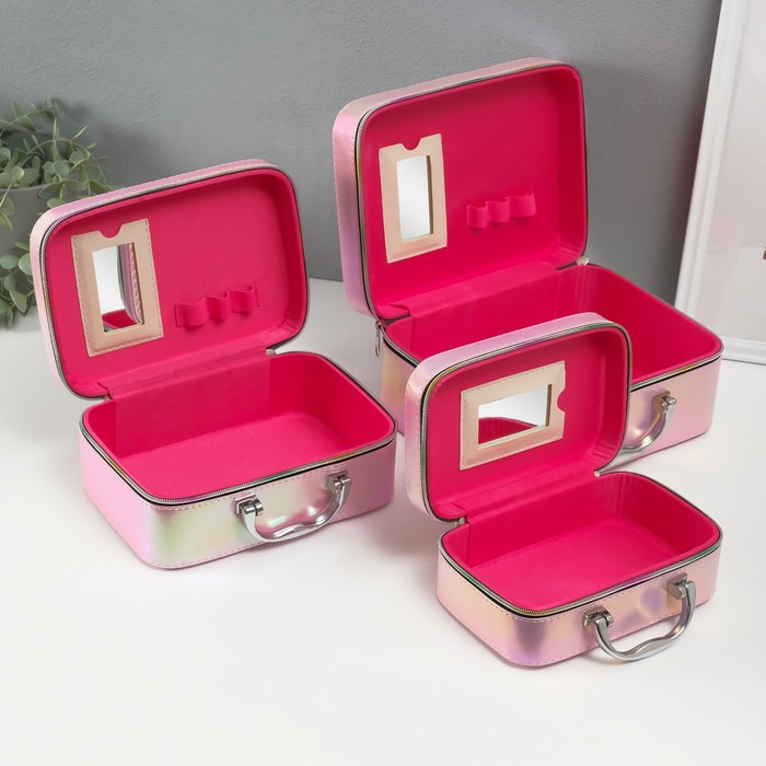 Набор шкатулок для украшений с зеркалом «Плетение», 3 шт., искусственная кожа, розовая