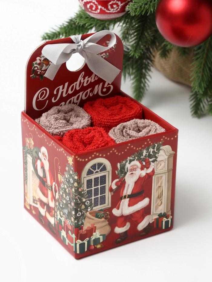 Набор махровых полотенец Этель «Санта» 30×30 см-4 шт., хл 340 г/м²