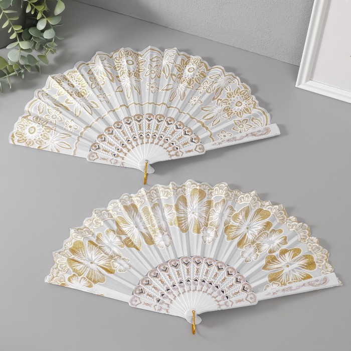 Веер складной «Золотые узоры», пластик, текстиль, блёстки, 22.5 см, МИКС