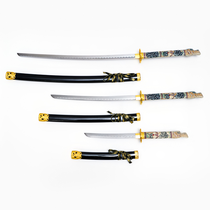 Макет оружия «Сувенирные катаны на подставке 3в1. Голова дракона», подарочный набор, ножны дерево, чёрный, 60 см; 90 см; 108