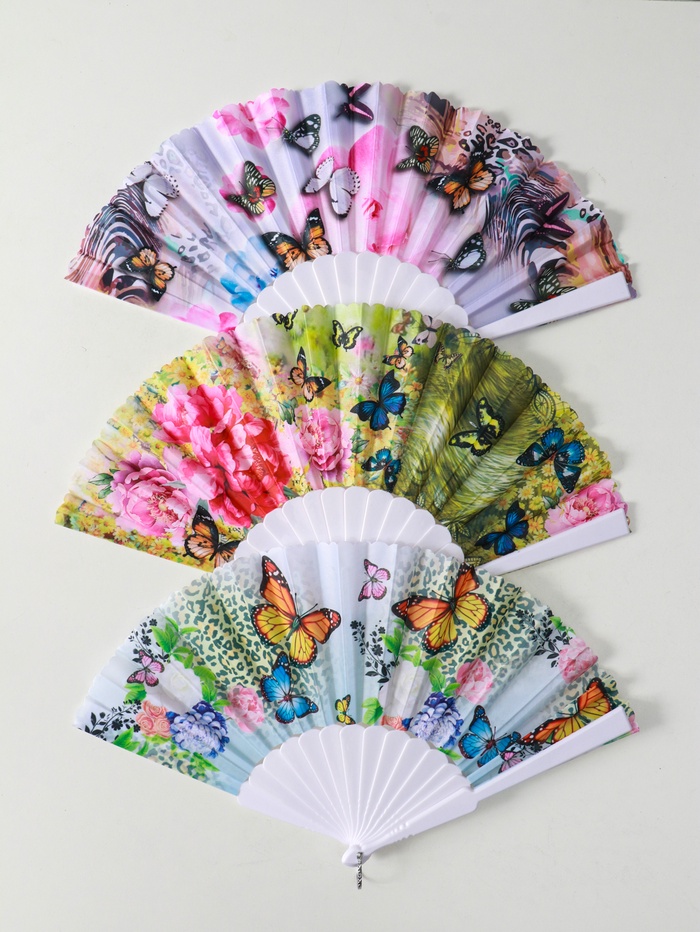Веер складной «Бабочки и цветы на леопарде», 23 см, МИКС