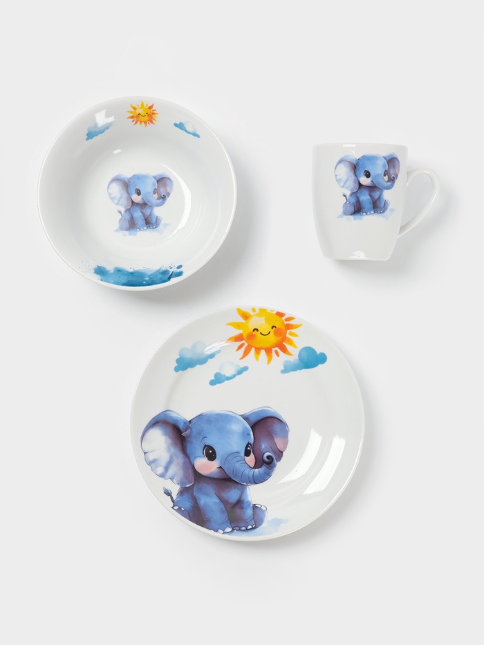 Набор детской посуды Дулевский фарфор «Слоник», 3 предмета: тарелка 175 мл, миска 360 мл, кружка 210 мл, белый