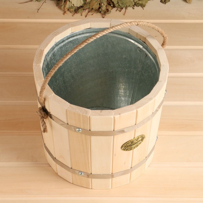 Ведро для бани и сауны, 7 л, липа, оцинкованная вставка, ручка - верёвка, «Добропаровъ»