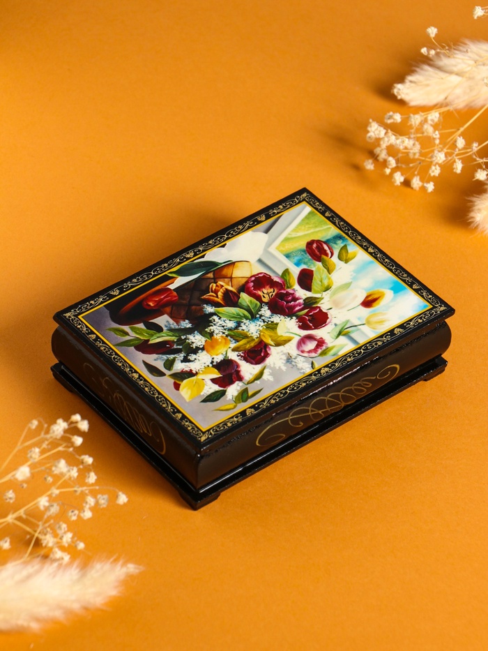 Шкатулка для украшений «Цветы в корзине», 10×14 см, лаковая миниатюра