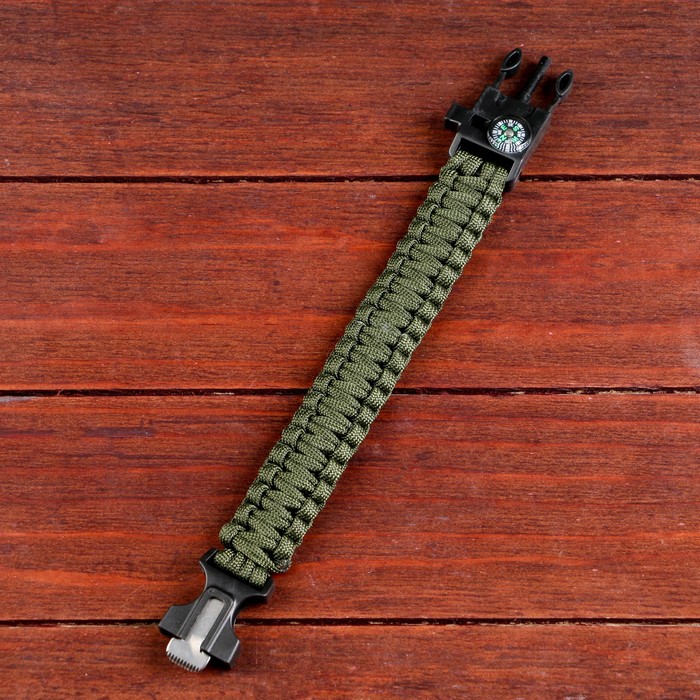 Браслет для выживания 4 в1 (паракорд, компас, свисток, огниво), 25.5×2.5 см, 3 м, тёмно-зелёный