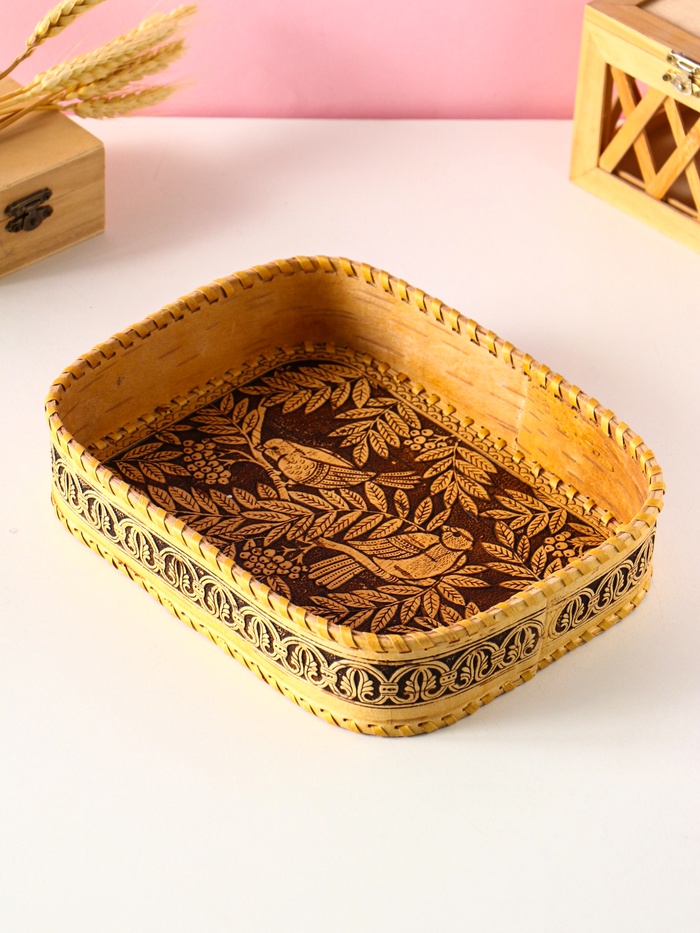 Сухарница прямоугольная «Птички», 24.5×17.5×4.5 см, береста