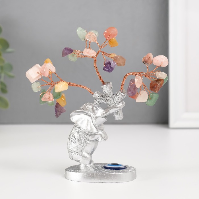 Бонсай декоративный «Денежное дерево: Серебристый слон с денежным деревом», цветные 36 камней, 6.2×4.5×13.5 см