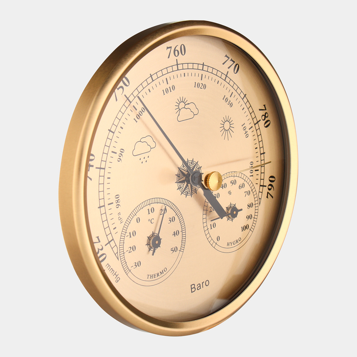 Барометр механический, метеостанция, настенный, золотая рамка, d=13 см