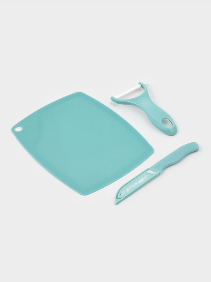 Набор кухонных принадлежностей Доляна «Керамик», 3 предмета: нож 16 см, овощечистка 12 см, доска 19.5×15.5 см, голубой