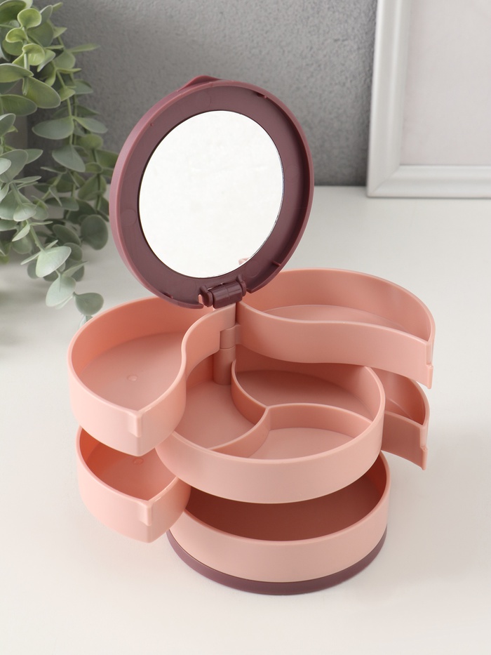 Шкатулка - органайзер для хранения украшений «Круглая. 4 уровня», пластик, зеркало, розовая, 10×10×10 см