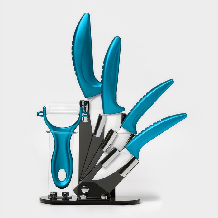 Набор кухонный на подставке «Изгиб», 5 предметов: 4 ножа, 7.5 см, 10 см, 13 см, 15 см, овощечистка, синий