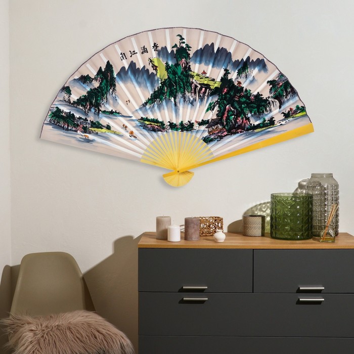 Веер большой складной «Река и горы», настенный декор, белый, бамбук, текстиль, h=90 см