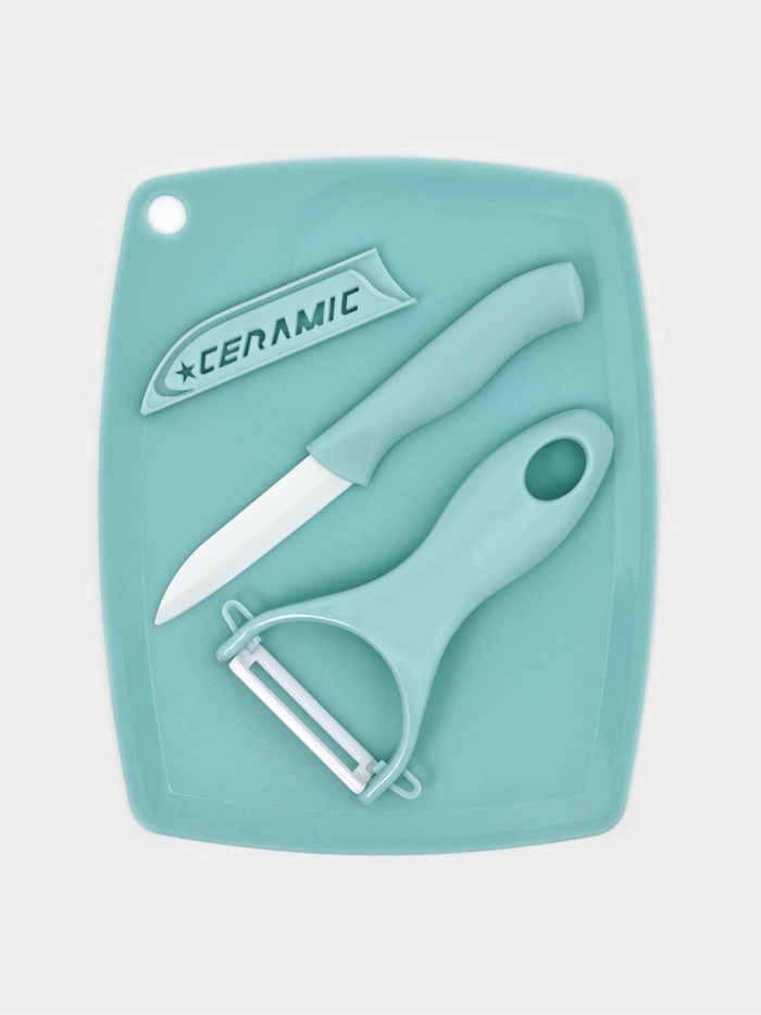 Набор кухонных принадлежностей Доляна «Керамик», 3 предмета: нож 16 см, овощечистка 12 см, доска 19.5×15.5 см, голубой