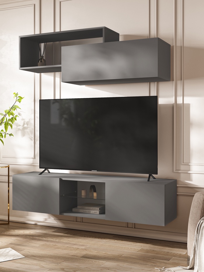 Гостиная «Норд», тумба 1500×350×330 мм, полка 1388×350×460 мм, цвет графит/графит