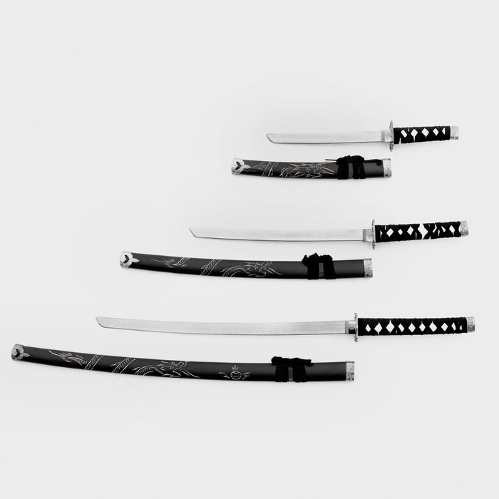 Макет оружия «Сувенирные катаны на подставке 3в1. Чёрный дракон», подарочный набор, ножны дерево, 51 см; 71 см; 100 см