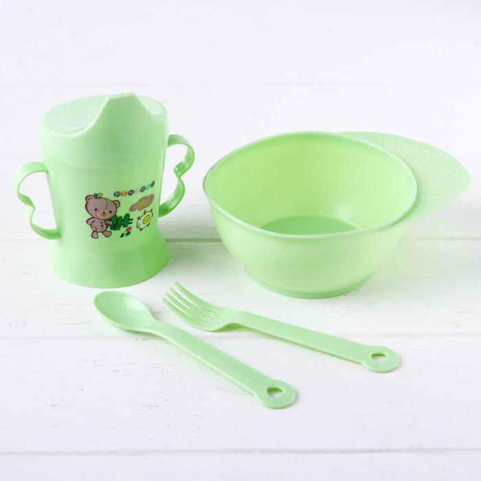 Детская посуда в наборе Крошка Я, 4 предмета: миска, ложка, вилка, поильник с твёрдым носиком 200 мл, МИКС