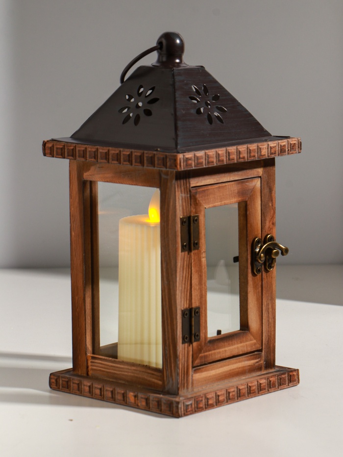 Деревянный подсвечник - фонарь на 1 свечу «Цветок», состаренный 25×12.5×12.5 см