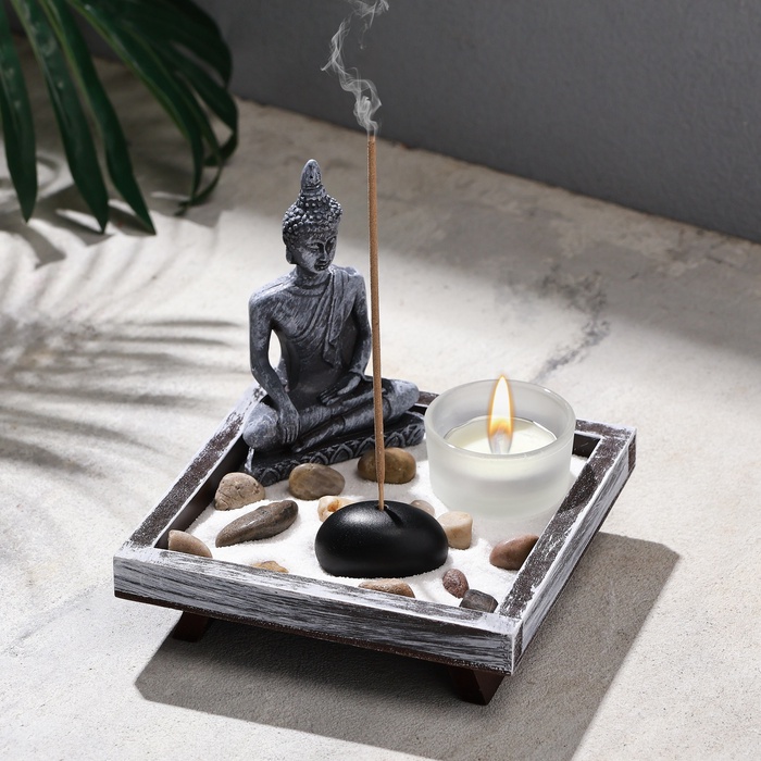 Японский сад камней настольный «Дзен. Мечта», с подставкой для благовоний, набор аксессуаров,12.5×12.5×13 см, бетон