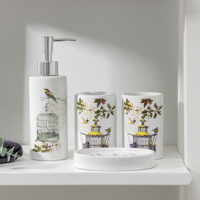 Аксессуары для ванной «Клетка», 4 предмета, дозатор 300 мл, мыльница, 2 стакана, белые