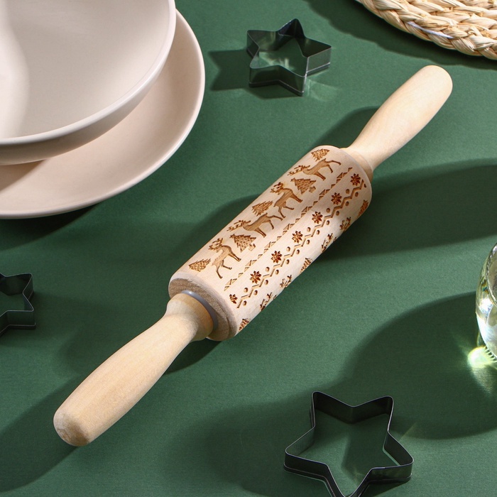 Скалка текстурная новогодняя Доляна, фигурная, 30×4 см, рабочая часть 11.5 см, вращающаяся