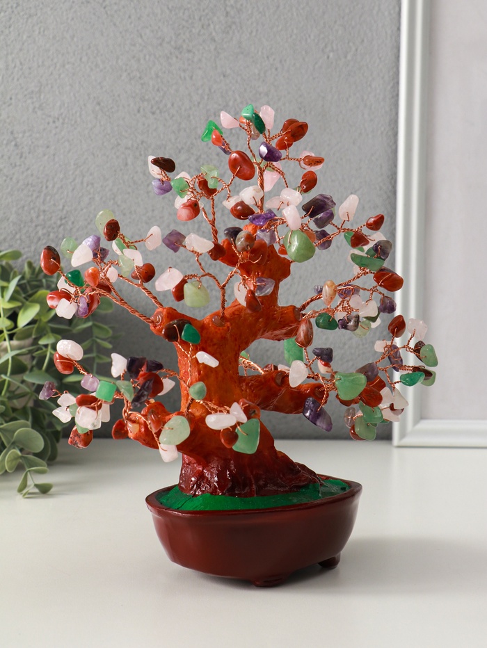 Бонсай декоративный «Разноцветное денежное дерево в овальном горшке», 196 камней, 23×9.5×19 см
