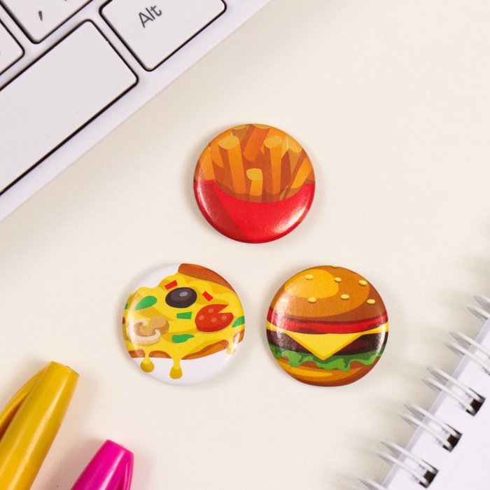 Набор значков на одежду, рюкзак, сумку «Фастфуд», 3 шт., d=25 мм, закатные, 7×7 см