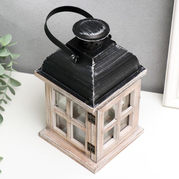 Деревянный подсвечник - фонарь на 1 свечу «Окошки», состаренный белый, 22×11.5×11.5 см