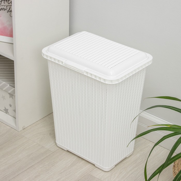 Корзина бельевая «Вязаное плетение», 25 л, 37×27.5×46.5 см, с крышкой, белая