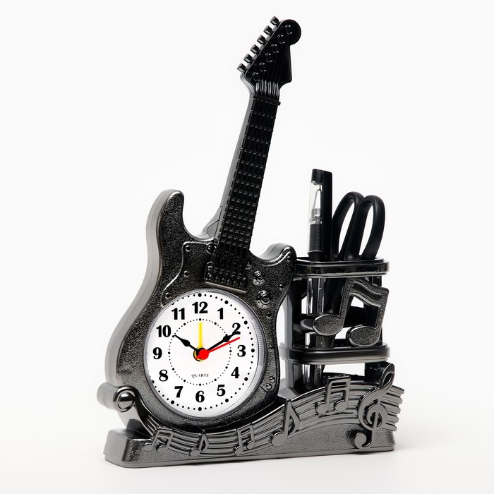 Будильник «Гитара», дискретный ход, с карандашницей, 15.5×22×5.5 см, от батарейки АА, серебро