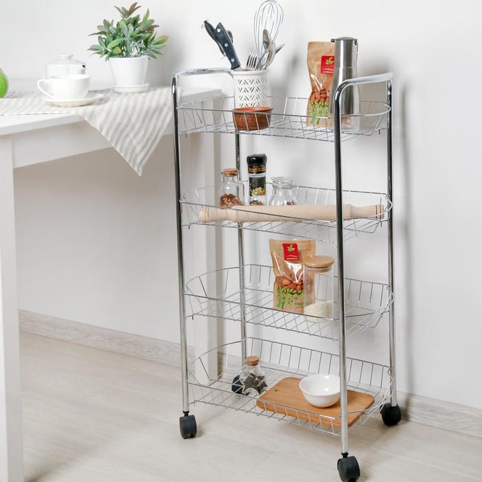 Этажерка напольная 4-х секционная Доляна, на колёсиках, 50×27×79 см, хром