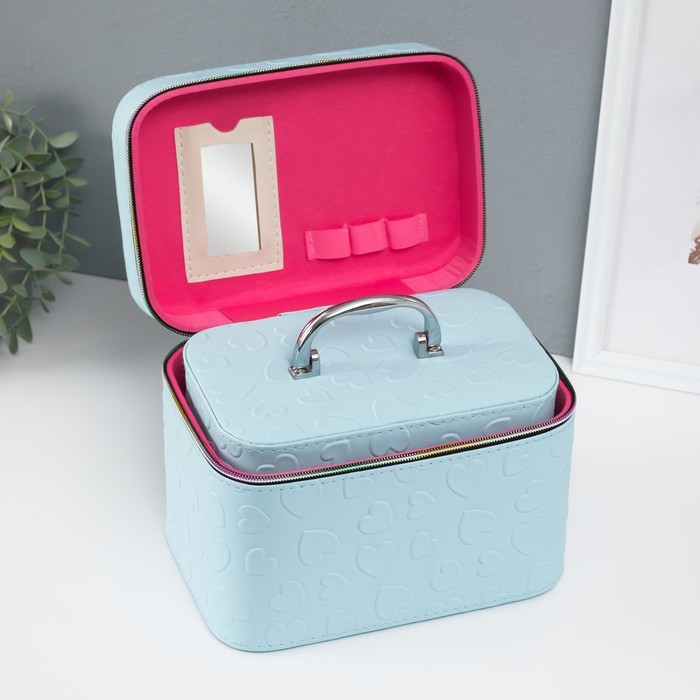 Набор шкатулок для украшений с зеркалом «Сердца», 3 шт., искусственная кожа, св. голубая