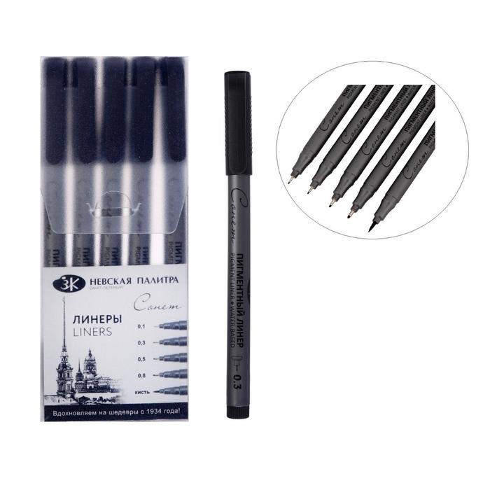 Набор ручек капиллярных ЗХК «Сонет», разные типы, 5 штук (0.1/.03./0.5/0.8/кисть), чёрный