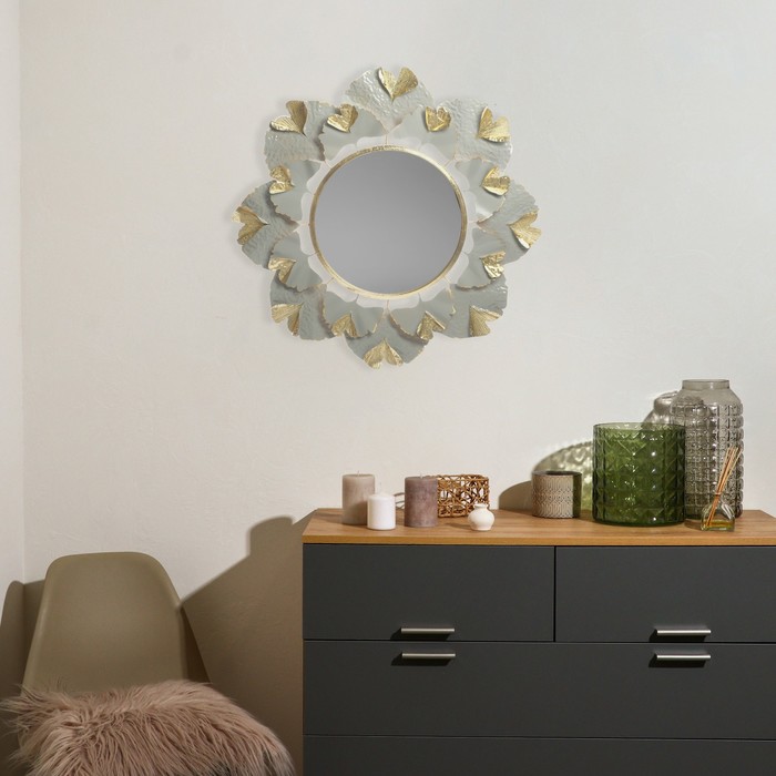 Декор настенный с зеркалом «Цветок из веерных листьев», панно металл, серо-золотой 98.4×98.4×6.4 см