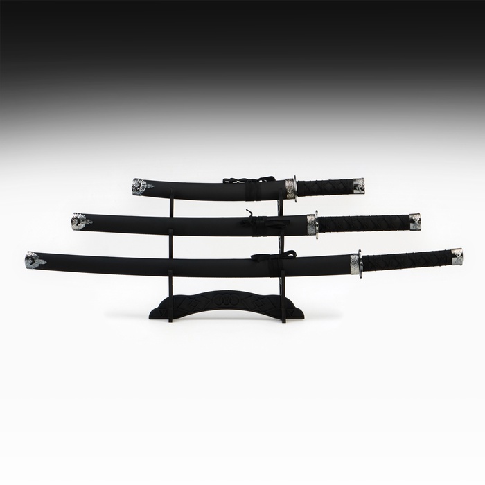 Макет оружия «Сувенирные катаны на подставке 3в1. Классик», подарочный набор, ножны кожзам, чёрный, 47 см; 70 см; 89 см